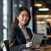 番号吧内容运营总监张梅的职业形象照，一位短发女性，手持平板电脑，坐在明亮的会议室内，气质干练专业