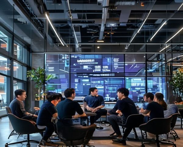 番号吧团队成员在现代化开放式办公室内围坐交流，背景是排列整齐的多屏数据监控大屏，氛围专注而充满活力，体现专业影视内容检索平台的技术实力